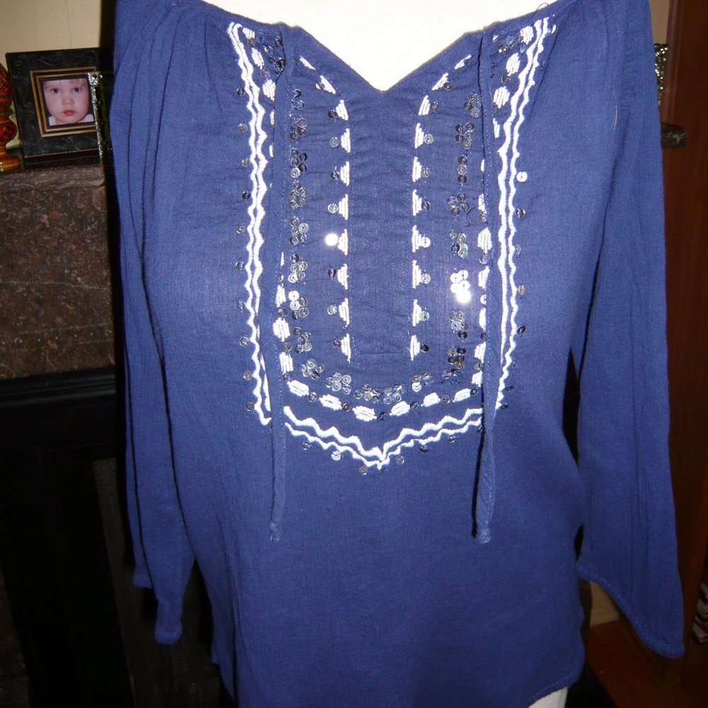 JM Collection Blue Embellished 3/4 Sleeve Top  Navy cotton crepe peasant top